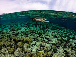 Half underwater shot of woman snorkeling at coral reef