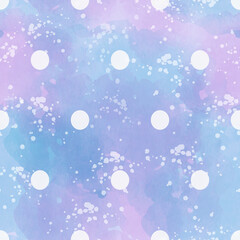 Beautiful classic pattern with white polka dots on a textured lilac watercolor background.