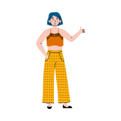 Young smiling woman standing and raising thumb up, cartoon vector illustration isolated on white background. Success, approval and appreciation gesture.