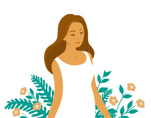 Beautiful girl on a background of flowers and plants. White dress. Vector flat illustration about beauty and care for nature.