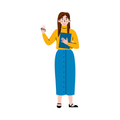 Business woman or office employee female character standing with documents folder and raising Victory gesture, cartoon vector illustration isolated on white background.