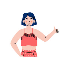 Young brunette woman holding her thumb up, flat cartoon vector illustration isolated on white background. Woman shows success sign and doing positive gesture with hand.