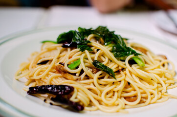 Thai spicy pasta close up