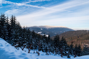 Travny hill in winter Moravskoslezske Beskydy mountains in Czech republic