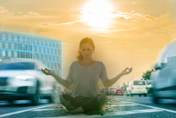 Information overload concept. Woman in the yoga pose sitting on the street surrounded by fast...
