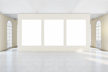Clean classical gallery interior with three blank poster on wall.