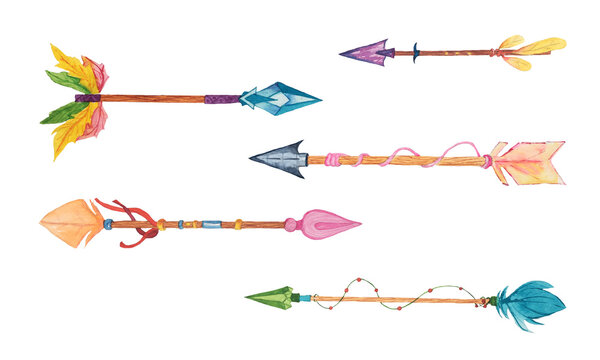 Set of arrows, painted with watercolors in the style of boho on a white background.