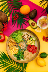 Healthy eating. Salad with mushrooms, lettuce, tomatoes and zucchini on a decorated table