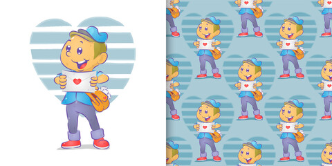 Naklejka premium The postman is holding the love letter with the love striped love on the pattern set