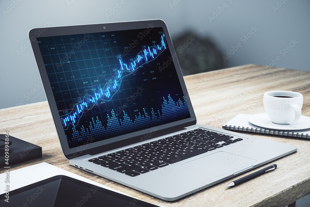 Poster Laptop computer on office table with statistics on screen.
