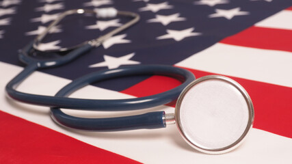Stethoscope on a USA flag. Flag Day, Independence Day, Patriot Day concept.