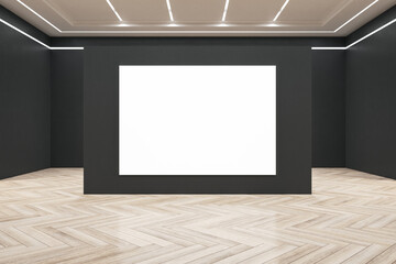 Clean exhibition interior with blank billboard