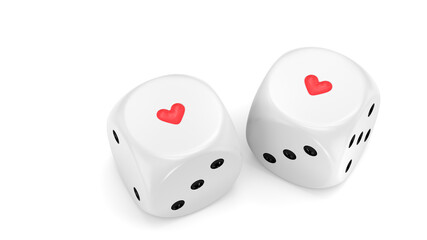 Two matching dices with red heart shaped dots