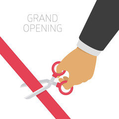 Grand opening concept. Hands cutting red ribbon with scissors. Opening ceremony or celebration and event. Vector illustration in modern flat style.