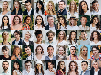 A lot of happy people, Portraits of group headshots in collage mosaic collection. Many smiling multicultural faces looking at camera. Human resource society database concept.