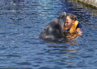 little girl and dolphin in the pool