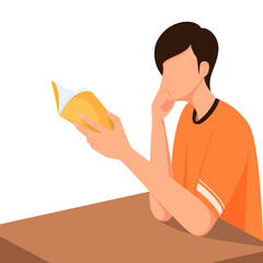 vector illustration of a man reading a book at a table with a smiling face. white background