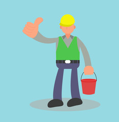 Flat design of a project worker holding a red bucket while giving a thumbs up on a light blue background