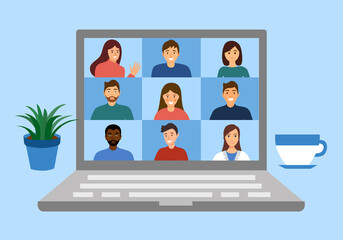 Video conference and online meeting workspace concept vector illustration. Work from home idea. Company staff on computer screen talking with colleagues.