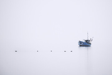 szerokie minimalistyczne ujęcie kutra rybackiego na Zatoce Gdańskiej podczas mglistego poranka