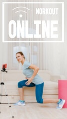 Fototapeta na wymiar Young athletic woman stretching in front of camera for online sport blog, work as a trainer from home online remote, image with text workout online and oriented for use on a smartphone.