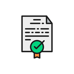 Certificate, grant, diploma, quality control approved flat color line icon.