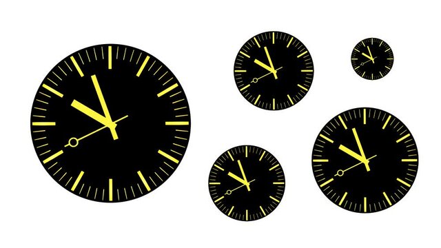 Animation with five black clocks on the white background