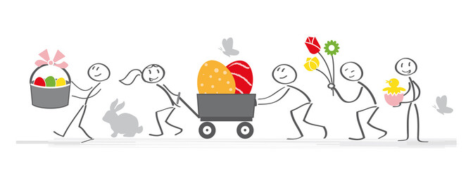 Ostermotiv - fröhliche Gruppe mit bunten Ostereiern