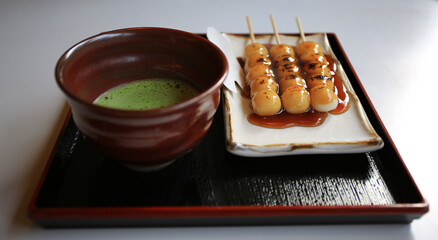 japanese dango and the green tea matcha soup, traditional japanese dessert 
