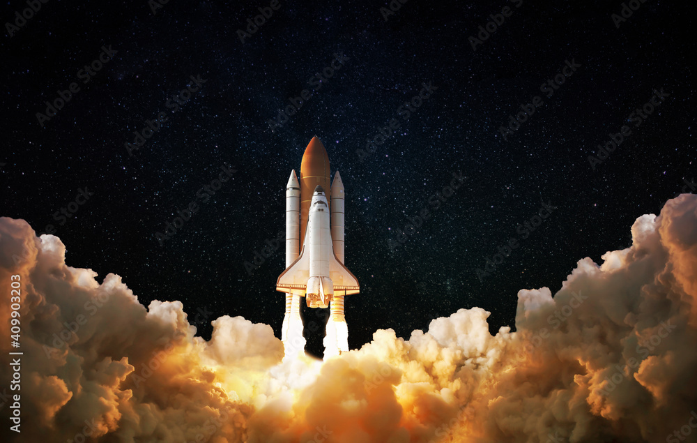 Poster launch of space,spaceship takes off into the night sky.rocket starts into space concept.elements of 