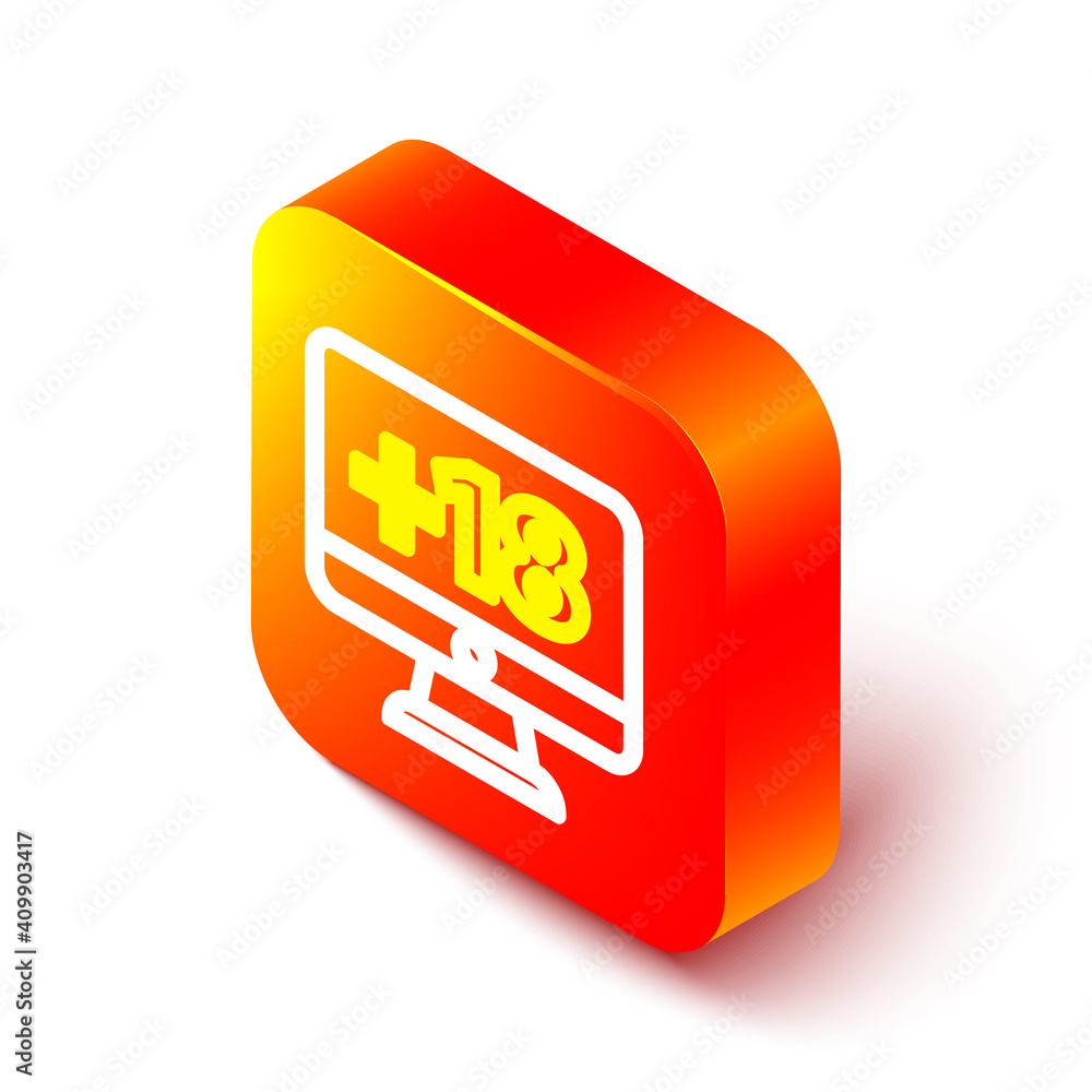 Poster isometric line computer monitor with 18 plus content icon isolated on white background. age restrict