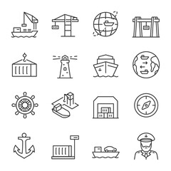Seaport, icon set. Equipment for the shipping industry. Marine port and freight vessels. Logistic. Line with editable stroke - obrazy, fototapety, plakaty