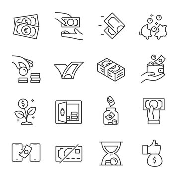 Money, icon set. Using, receiving, giving, paying. Line with editable stroke