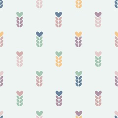 Chaotic seamless pattern of multicolored spikelets and hearts. Stock illustration for web and print, wallpaper, background, scrapbooking, wrapping paper, textile.