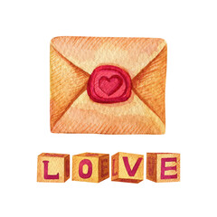 Watercolor love letter. Toy blocks LOVE