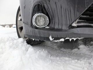 Car on the winter. Frozen Car anti fog lamp