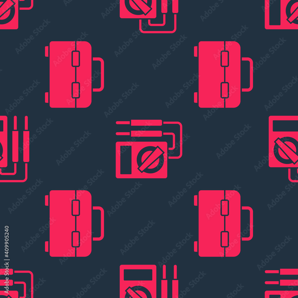 Poster set toolbox and multimeter on seamless pattern. vector.