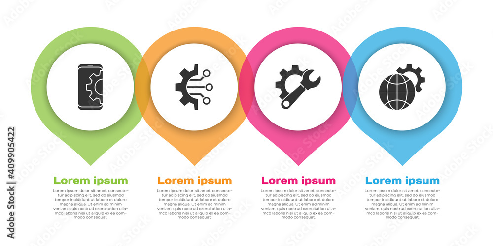 Poster set setting on smartphone, algorithm, wrench spanner and gear and globe of the earth and gear. busin
