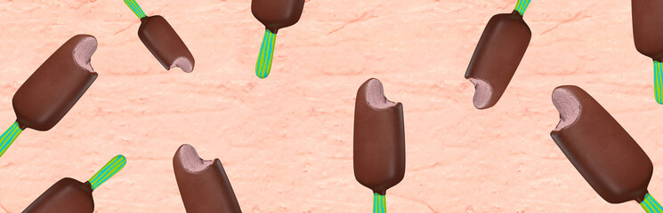 3d render fashion abstract scene. Chocolate design ice cream on vanilla creamy textured background. Minimalistic creative food style art. Copy space