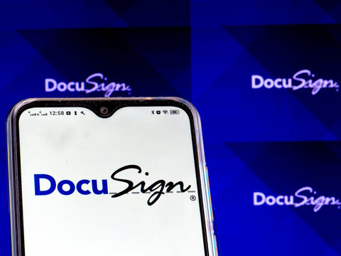 In this photo illustration a DocuSign, Inc. logo is seen displayed on a smartphone