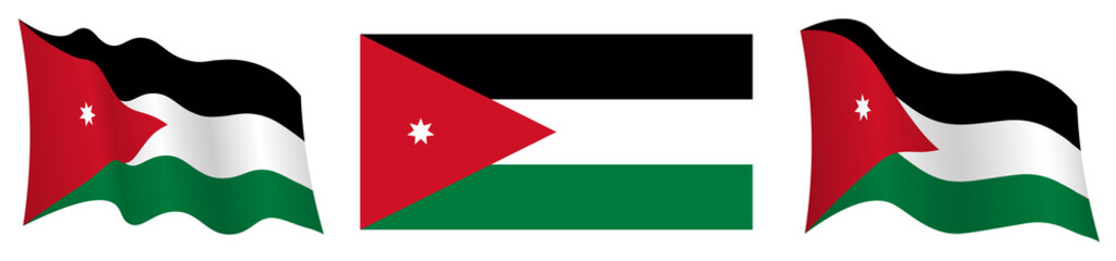 flag of Jordan in static position and in motion, fluttering in wind in exact colors and sizes, on white background