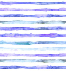 Hand drawn watercolor nautical washed stripes seamless pattern in blue