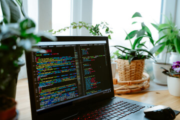 Html code on the laptop screen standing on a wooden table with home green plants, cozy working...