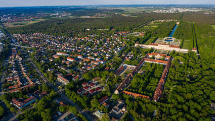 Aerial view of the city Oberschleißheim in Germany, Bavaria on a sunny spring day late afternoon	