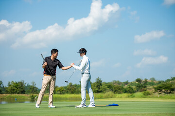 Group golfer sport course fairway.  People man lifestyle congratulation and shake hand after...