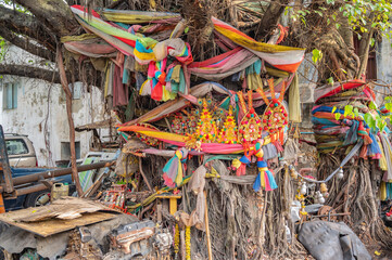 Colorful fabric wrapped the tree in old alley of talat noi.Talad Noi (Talat Noi), one of the oldest...