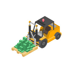 Illustration of isometric Loader with pile of coins. Business infographic concept. Big stacked pile of coin on forklift. Hundreds of dollars in flat style isometric illustration. Vector EPS 10.