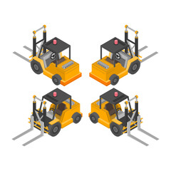 Lift Truck Isometric icons. Forklift for raising and transporting goods, working transport. Industry cargo equipment, forklift and delivery, shipping concept. EPS 10.