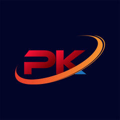 initial letter PK logotype company name colored red and orange swoosh design. isolated on dark background. - obrazy, fototapety, plakaty