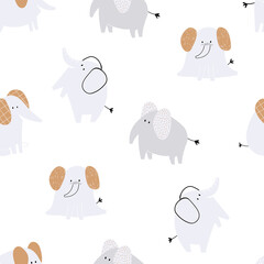 Vector hand-drawn colored childish seamless repeating simple flat pattern with cute elephants and in Scandinavian style on a white background. Cute baby animals. Pattern for kids.